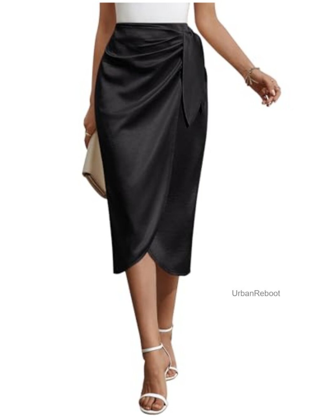 Women Satin Midi Wrap Skirt Pleated High Waist Ruched Tulip Hem